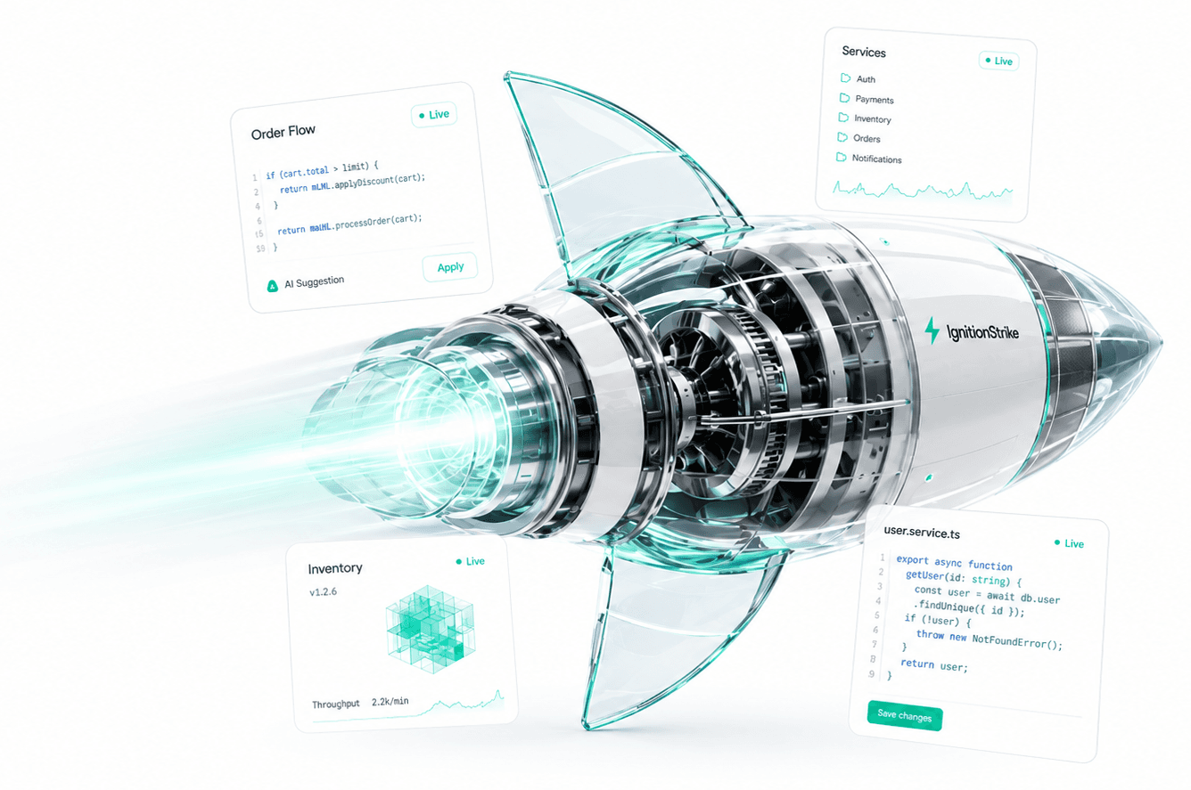 A jet engine render — the Ignition platform's core, surrounded by floating service cards and live code editors